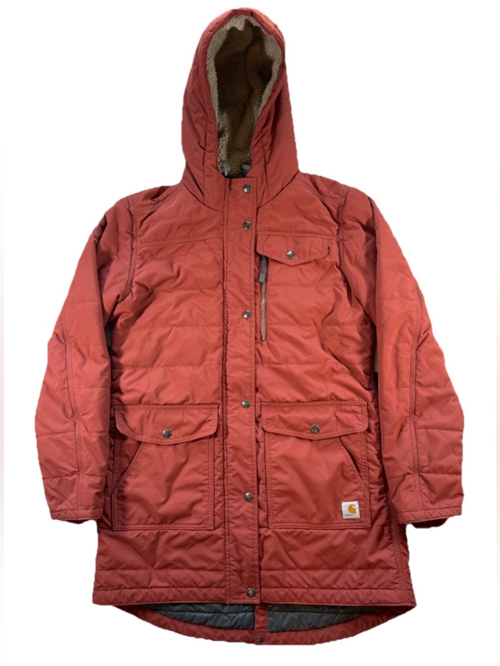 Carhartt Utility Coat Women's Medium Red Puffer Sherpa Lined Hood Pockets Snaps